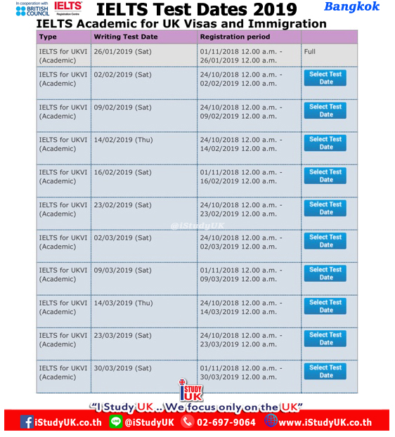 ตารางสอบ Academic IELTS for UKVI 2019- Bangkok Thailand โดย British Council Thailand January February March