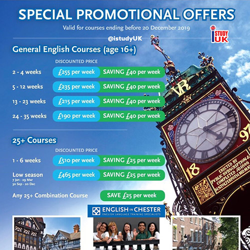 เรียนต่ออังกฤษ English in Chester School โรงเรียนสอนภาษาเน้นคุณภาพชั้นนำในประเทศอังกฤษ สมัคร English in Chester School กับ เอเยนซี่ I Study UK ปรึกษาฟรีดูแลตลอดระยะเวลาในต่างแดน 