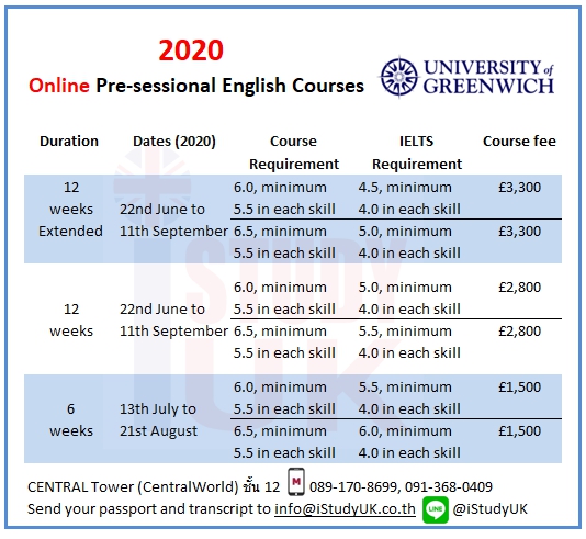 เรียต่ออังกฤษ ตารางเรียนพรีเซส Online Pre-sessional English Course-2020 at University of Greenwich เรียนต่ออังกฤษในลอนดอน