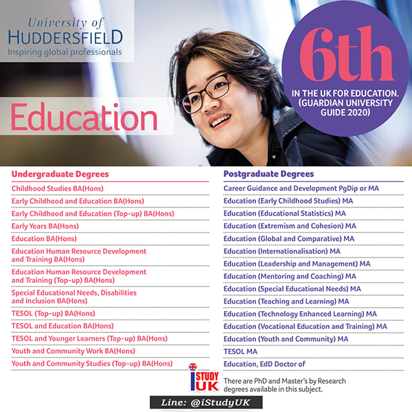 สมัครเรียนต่อปริญญาตรี ปริญญาโท ประเทศอังกฤษ ณ University of Huddersfield ติดต่อ เอเจนซี่ I Study UK